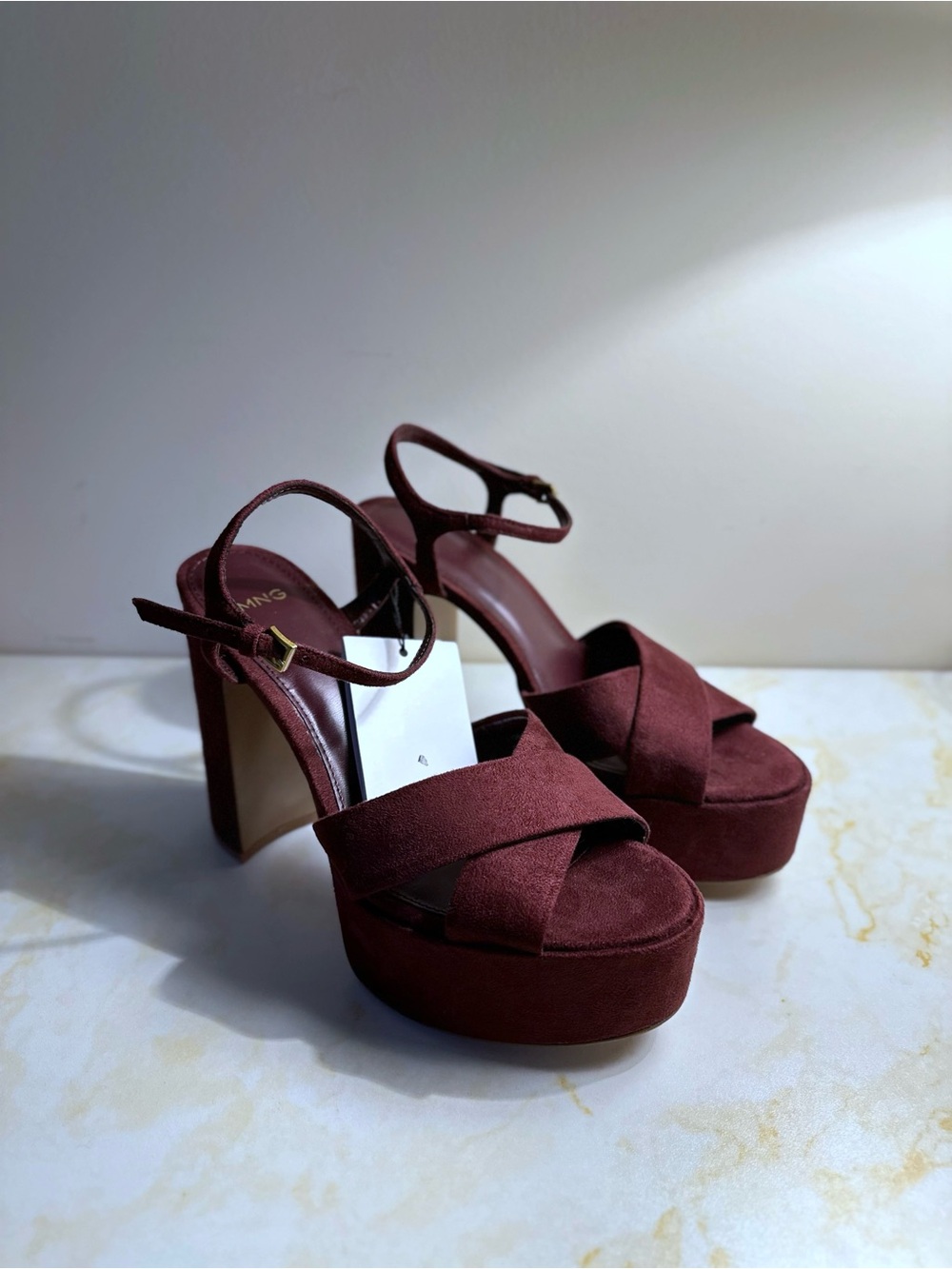 NWT Mango Women's Platform Ankle-Strap Sandals in Burgundy Size 36 (6)